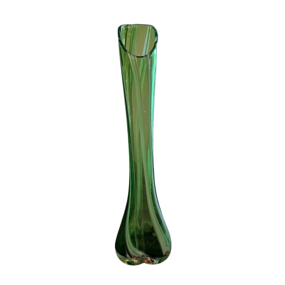 Vintage MCM Hand Blown Glass Stretch Bud Vase 10.5" Green Art Decor 1960s Mod - Picture 3 of 15